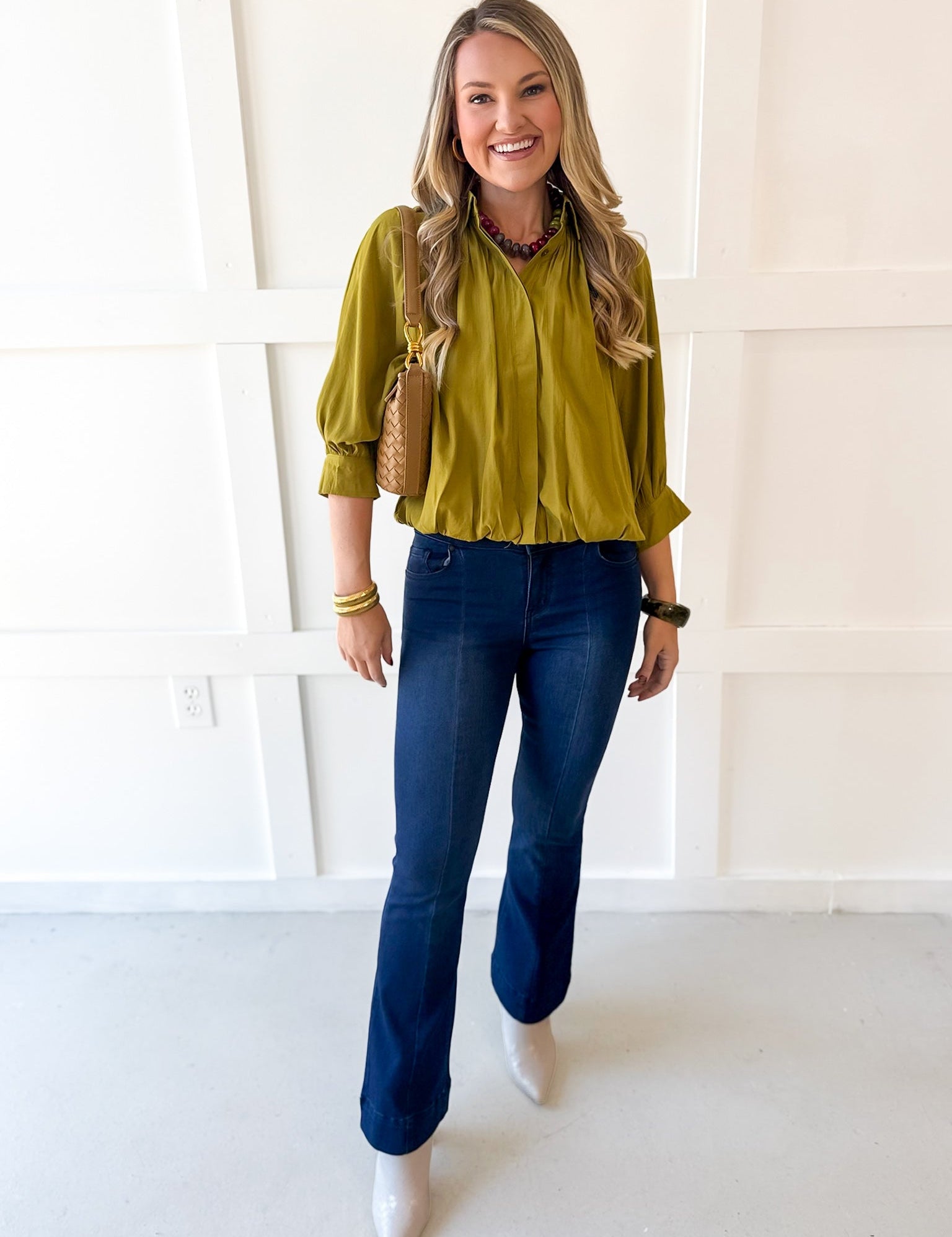 Puff Sleeved Collared Shirt -Olive