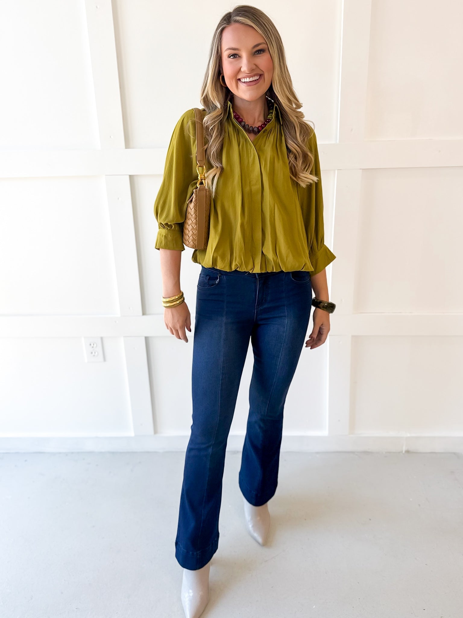 Puff Sleeved Collared Shirt -Olive