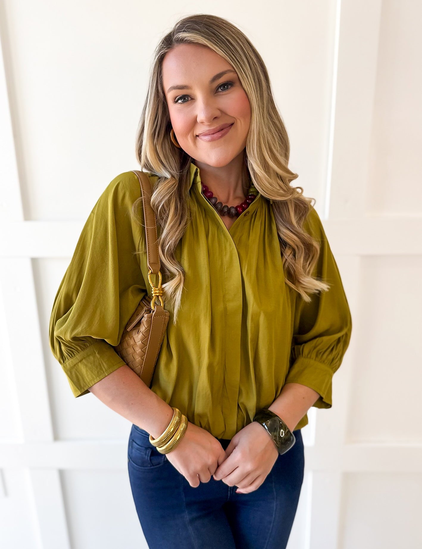 Puff Sleeved Collared Shirt -Olive