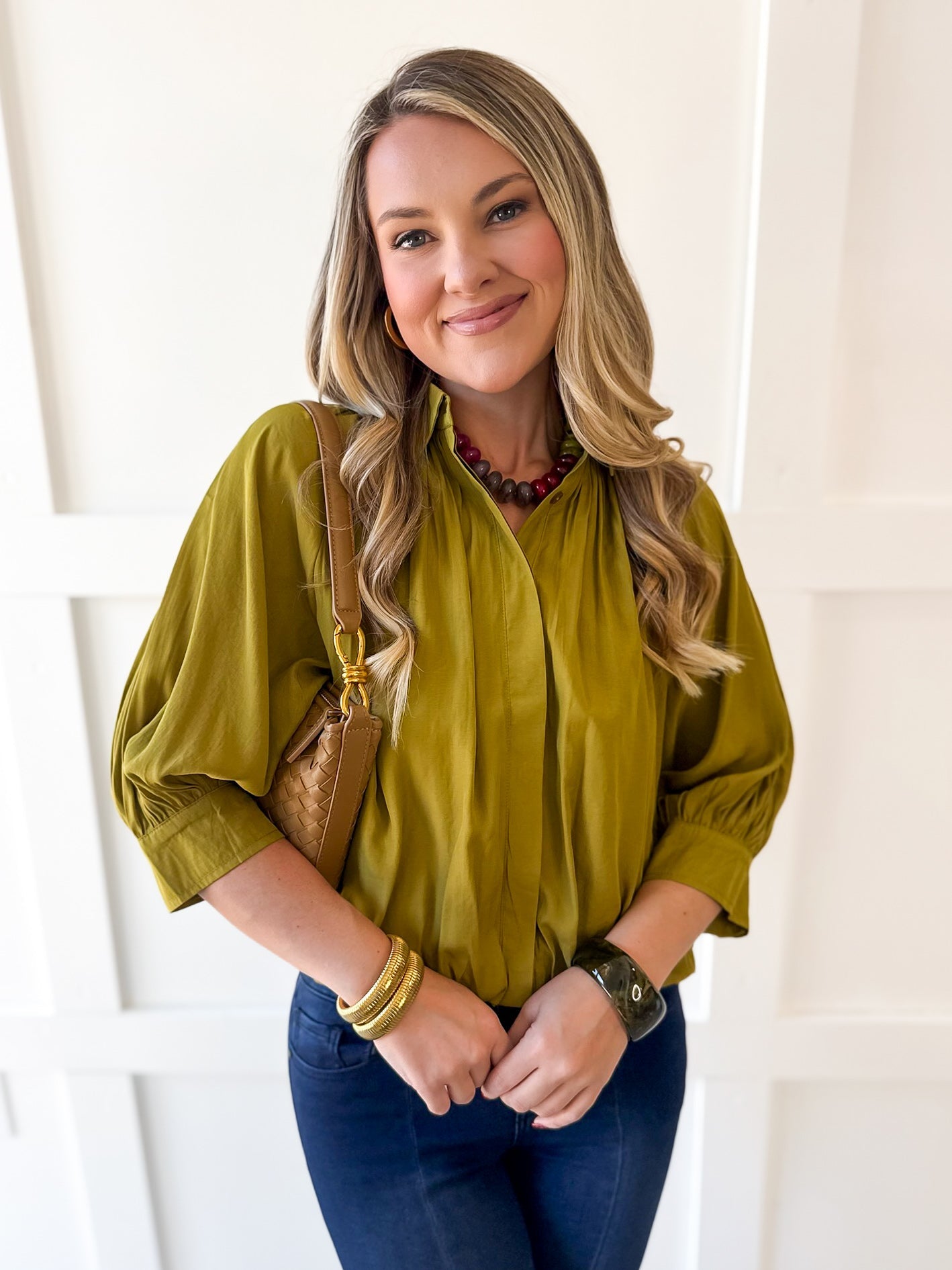Puff Sleeved Collared Shirt -Olive