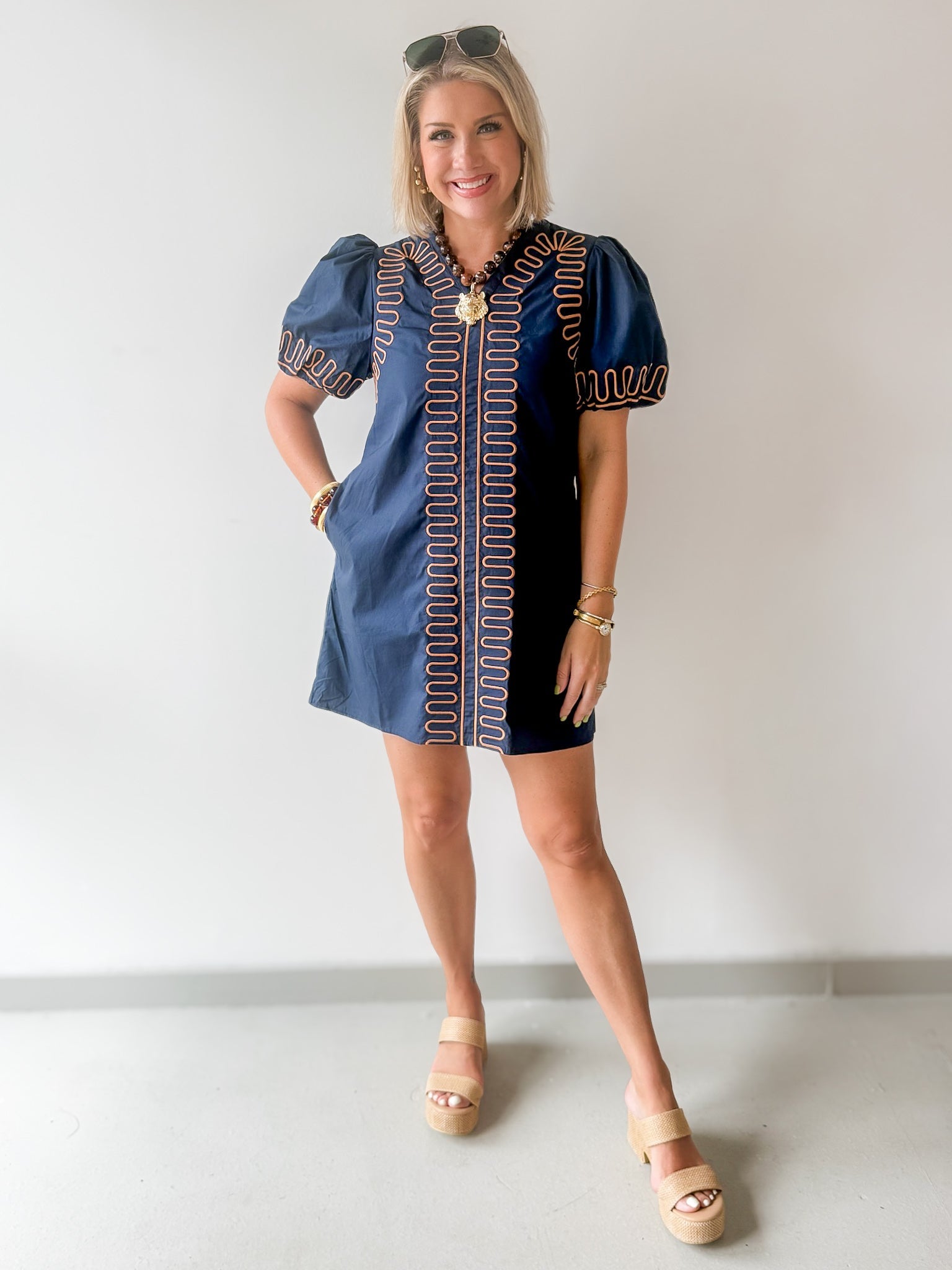 Puff Sleeves Embroidered Dress -Navy