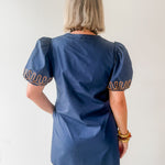Puff Sleeves Embroidered Dress -Navy