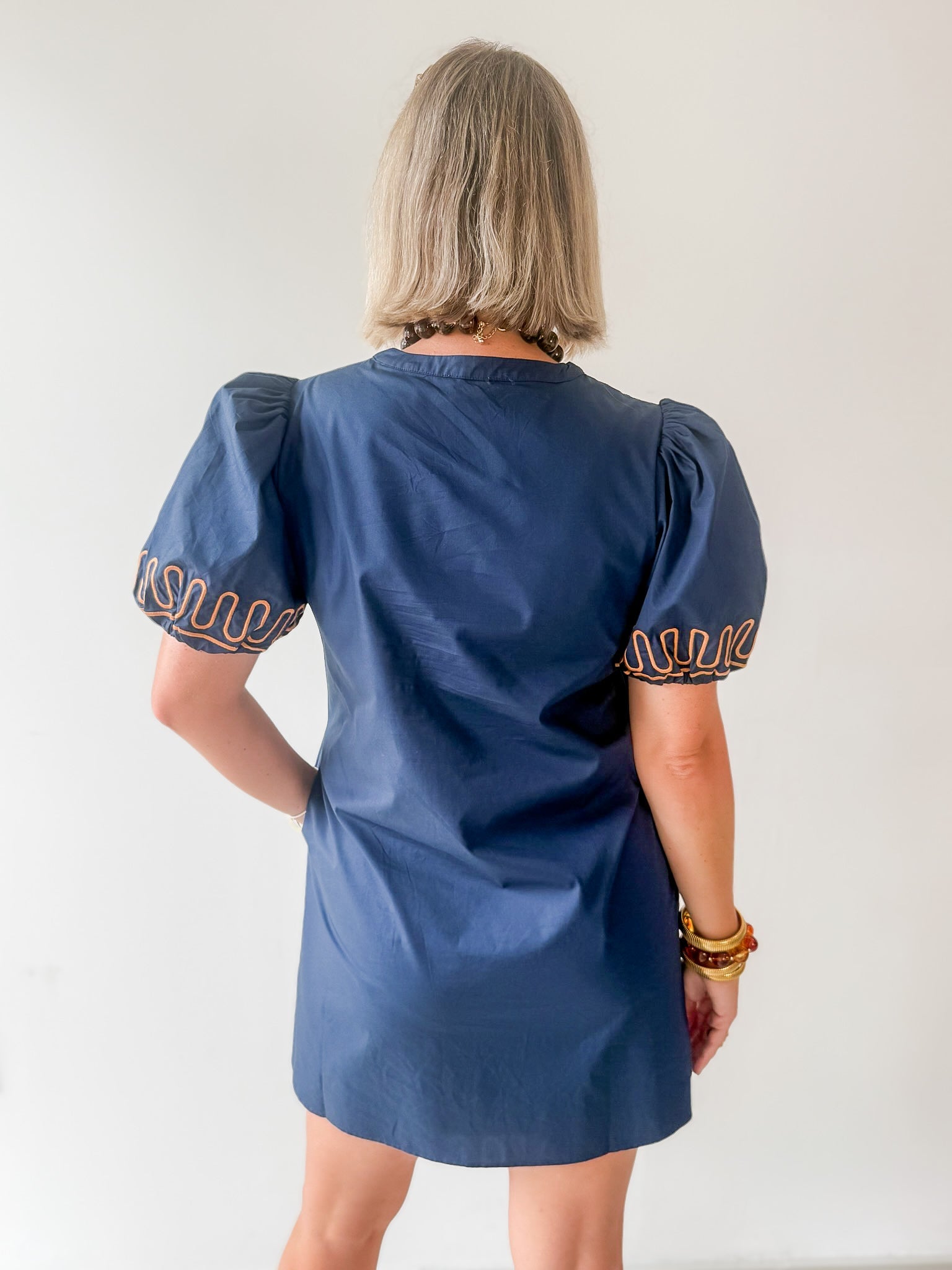 Puff Sleeves Embroidered Dress -Navy