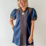 Puff Sleeves Embroidered Dress -Navy