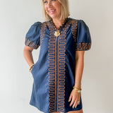 Puff Sleeves Embroidered Dress -Navy