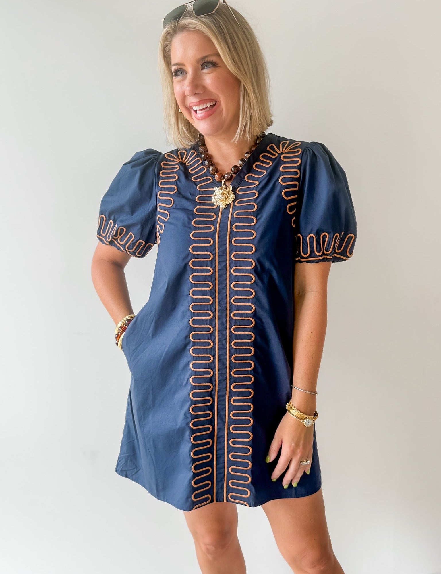 Puff Sleeves Embroidered Dress -Navy