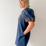 Puff Sleeves Embroidered Dress -Navy