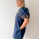 Puff Sleeves Embroidered Dress -Navy