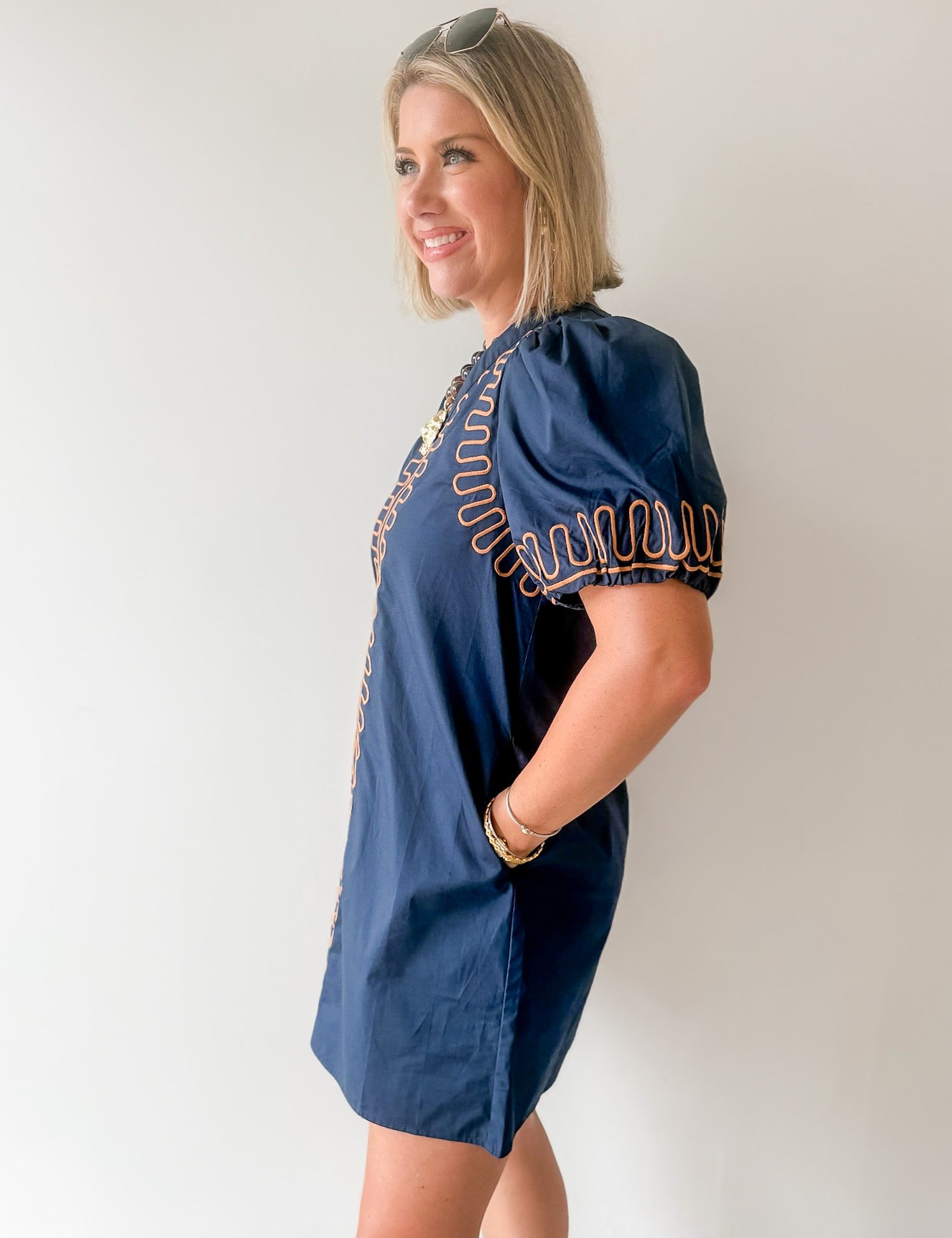Puff Sleeves Embroidered Dress -Navy
