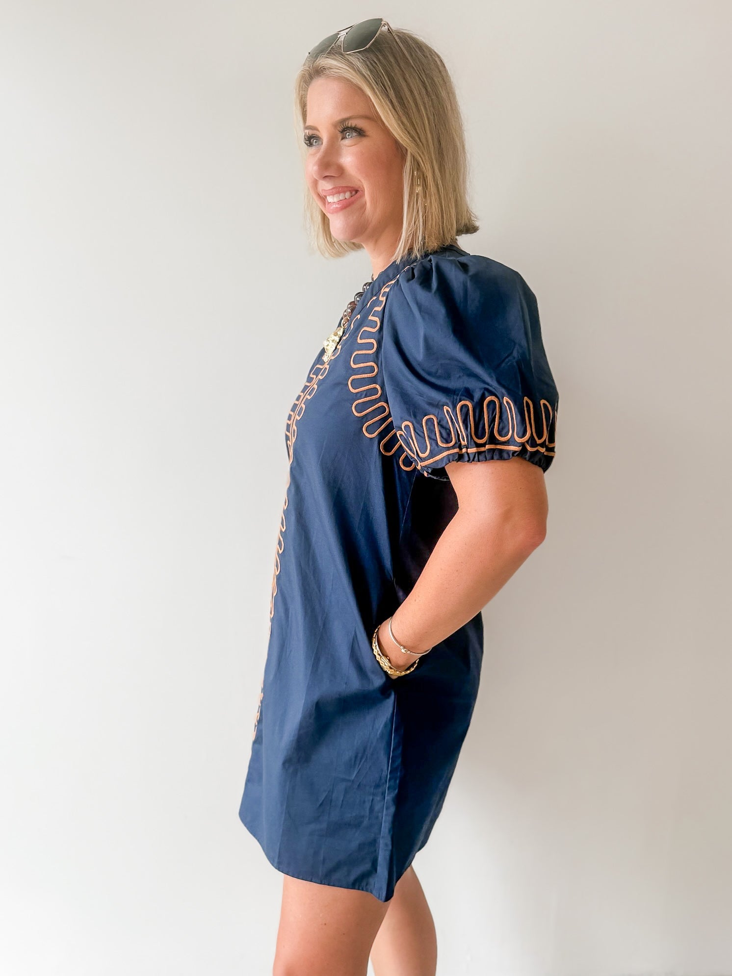 Puff Sleeves Embroidered Dress -Navy