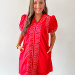 Puff Sleeves Embroidered Shift Dress