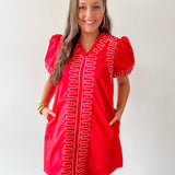 Puff Sleeves Embroidered Shift Dress