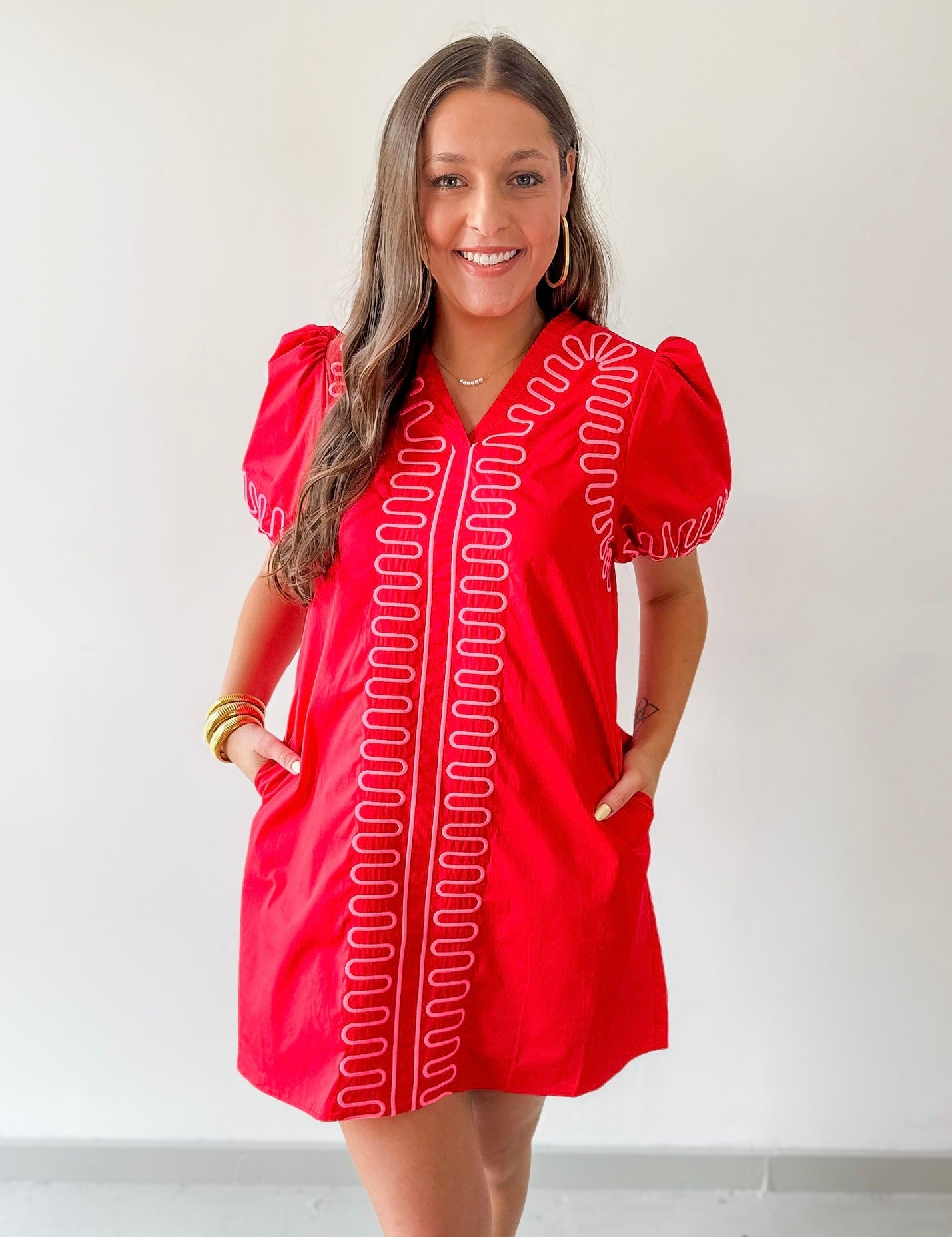 Puff Sleeves Embroidered Shift Dress