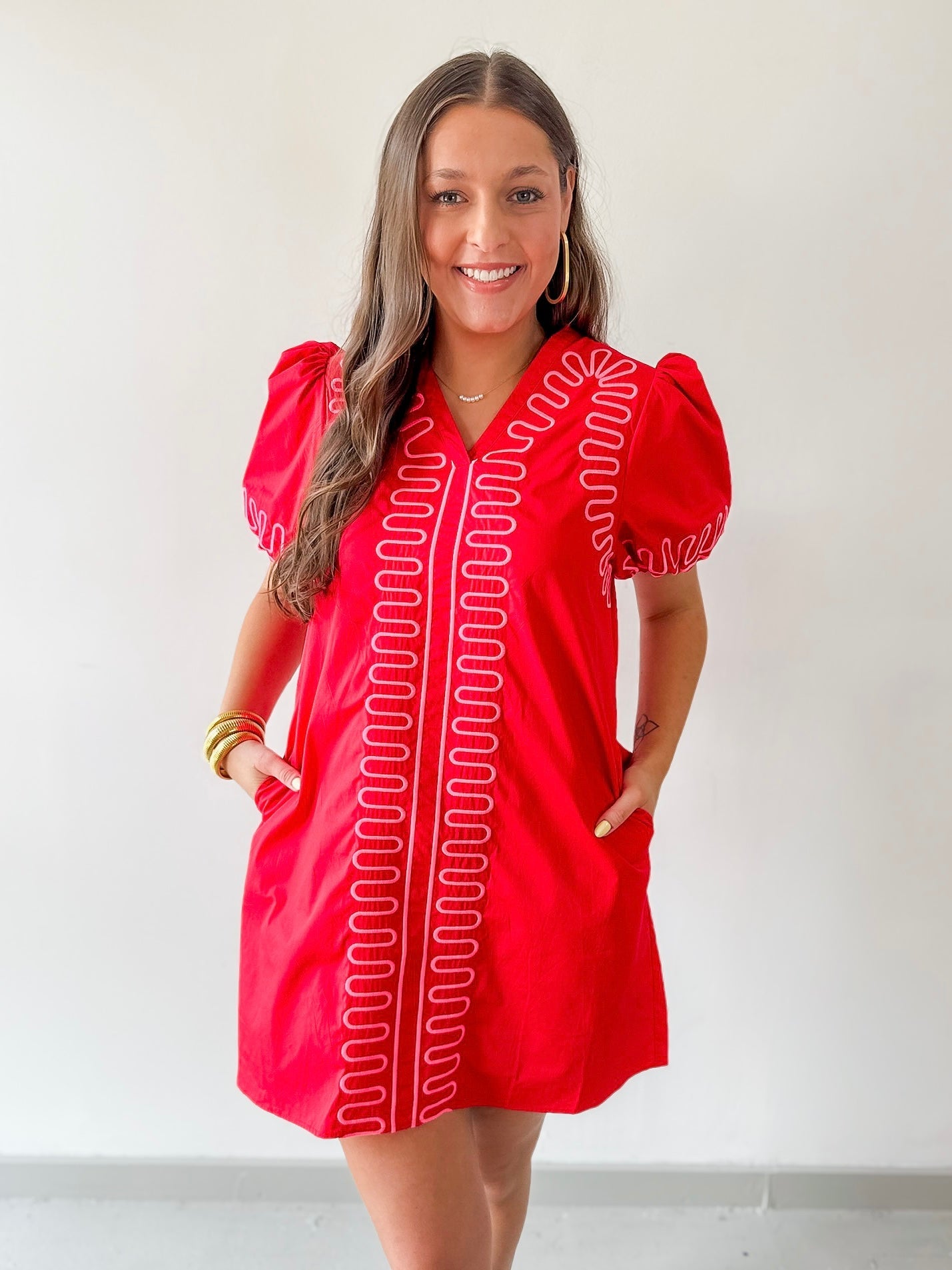 Puff Sleeves Embroidered Shift Dress