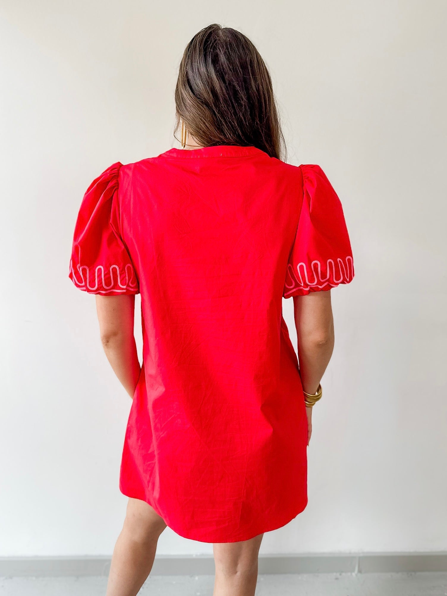 Puff Sleeves Embroidered Shift Dress