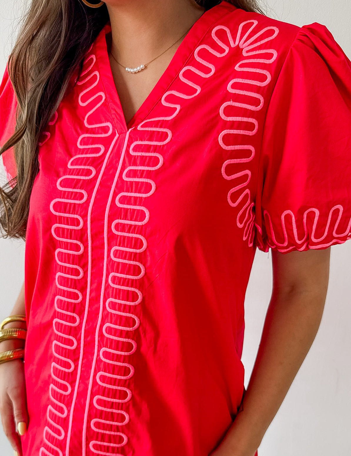 Puff Sleeves Embroidered Shift Dress