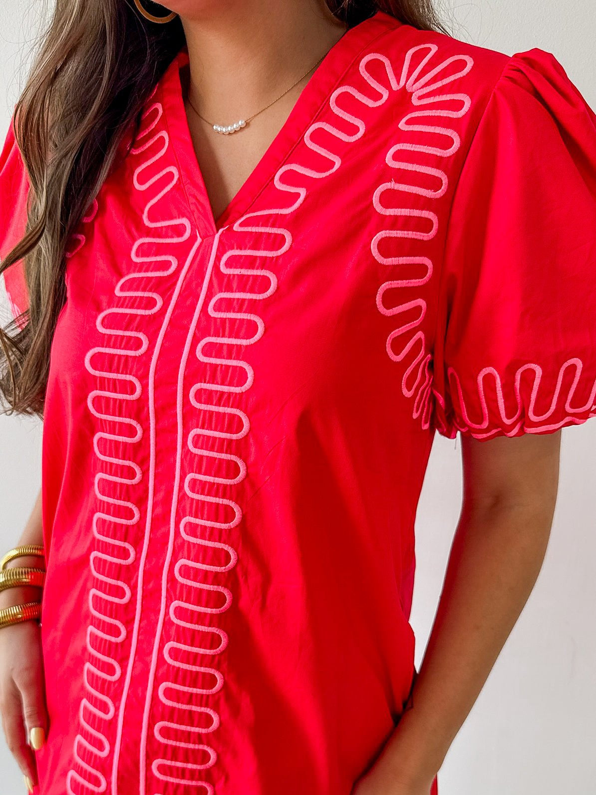 Puff Sleeves Embroidered Shift Dress