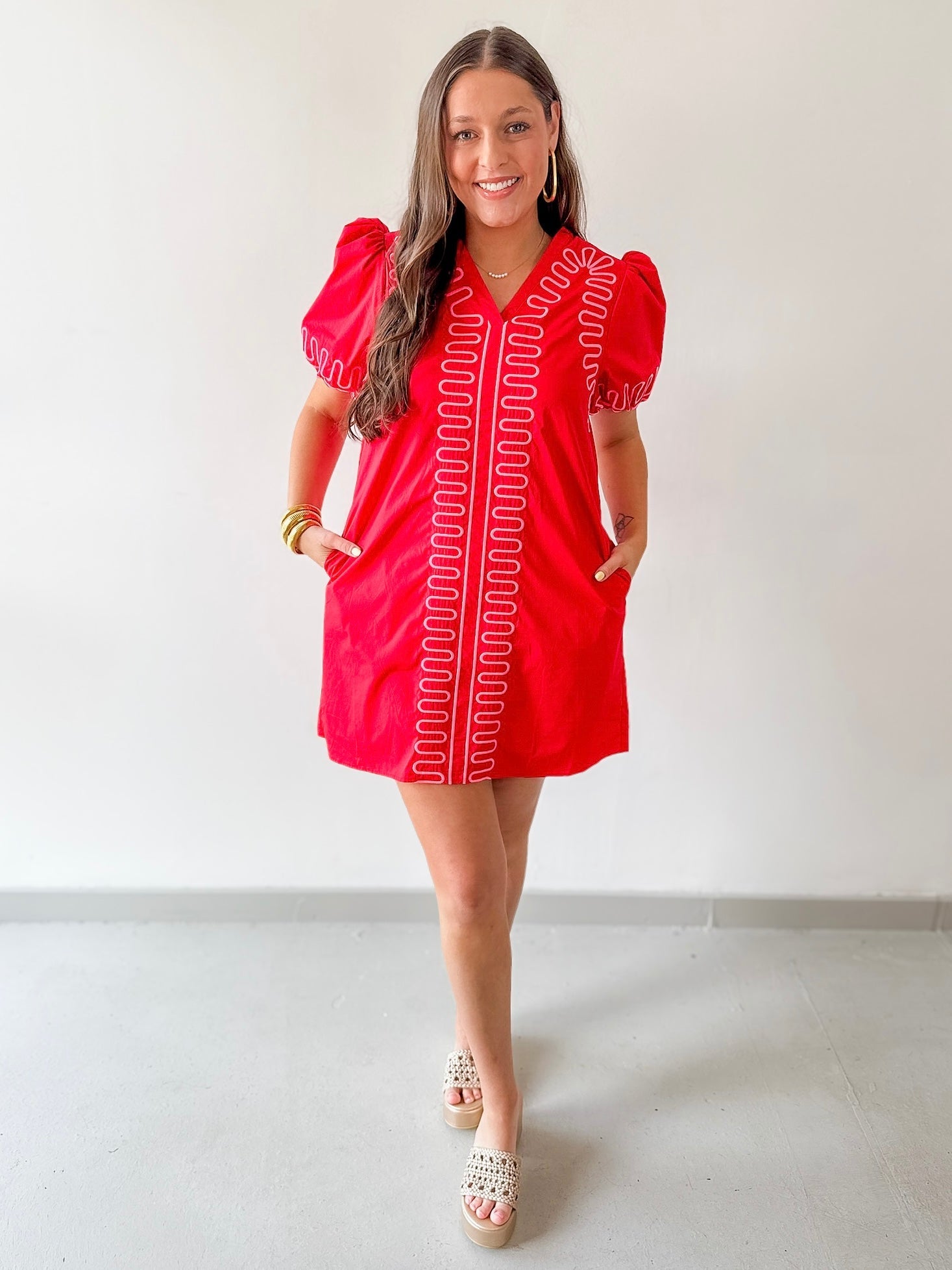 Puff Sleeves Embroidered Shift Dress