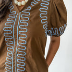 Puff Sleeves Embroidered Shift Dress- Brown
