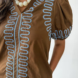 Puff Sleeves Embroidered Shift Dress- Brown