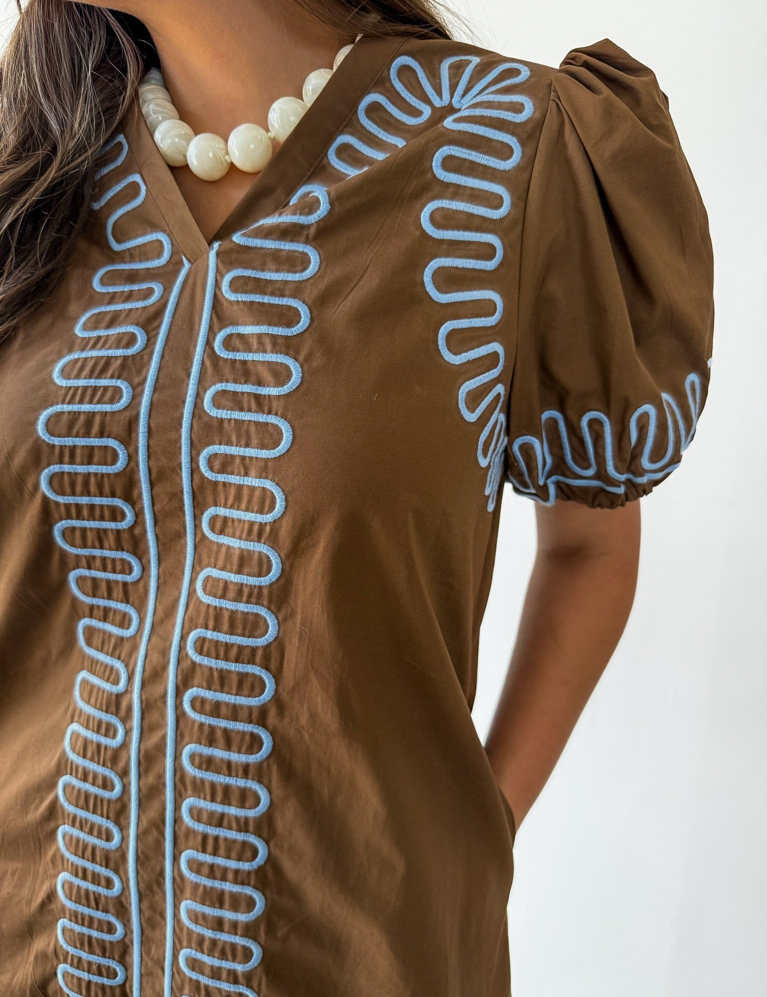 Puff Sleeves Embroidered Shift Dress- Brown
