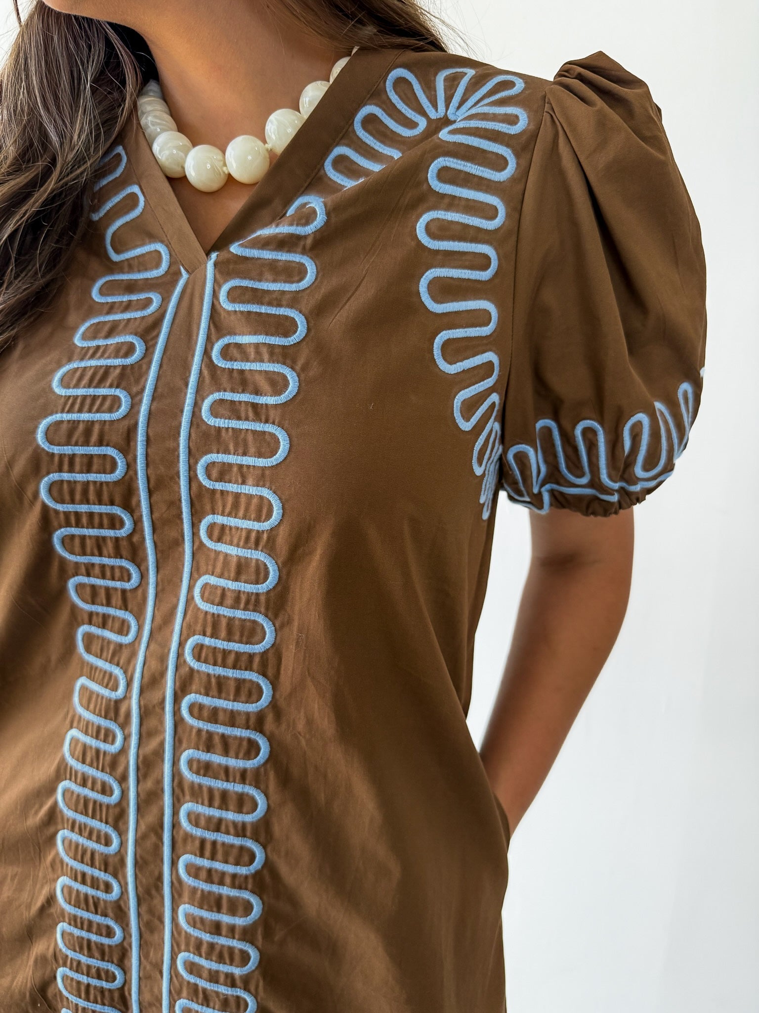 Puff Sleeves Embroidered Shift Dress- Brown