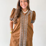 Puff Sleeves Embroidered Shift Dress- Brown