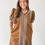 Puff Sleeves Embroidered Shift Dress- Brown