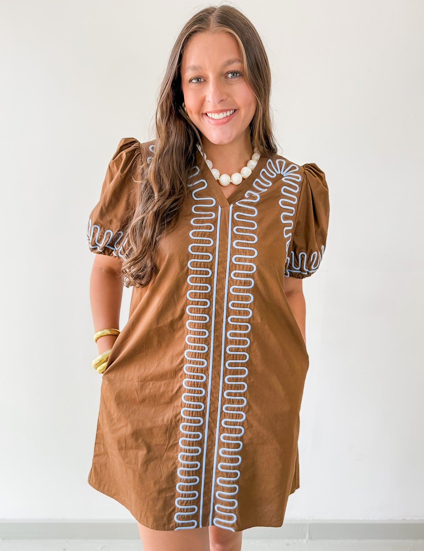 Puff Sleeves Embroidered Shift Dress- Brown