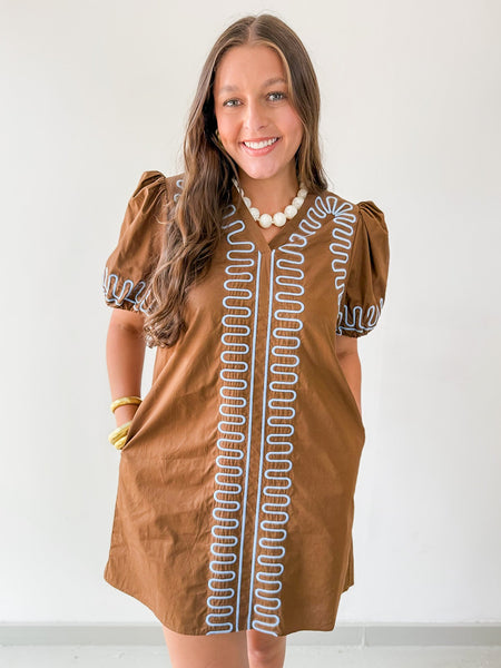 Puff Sleeves Embroidered Shift Dress- Brown LG