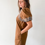 Puff Sleeves Embroidered Shift Dress- Brown