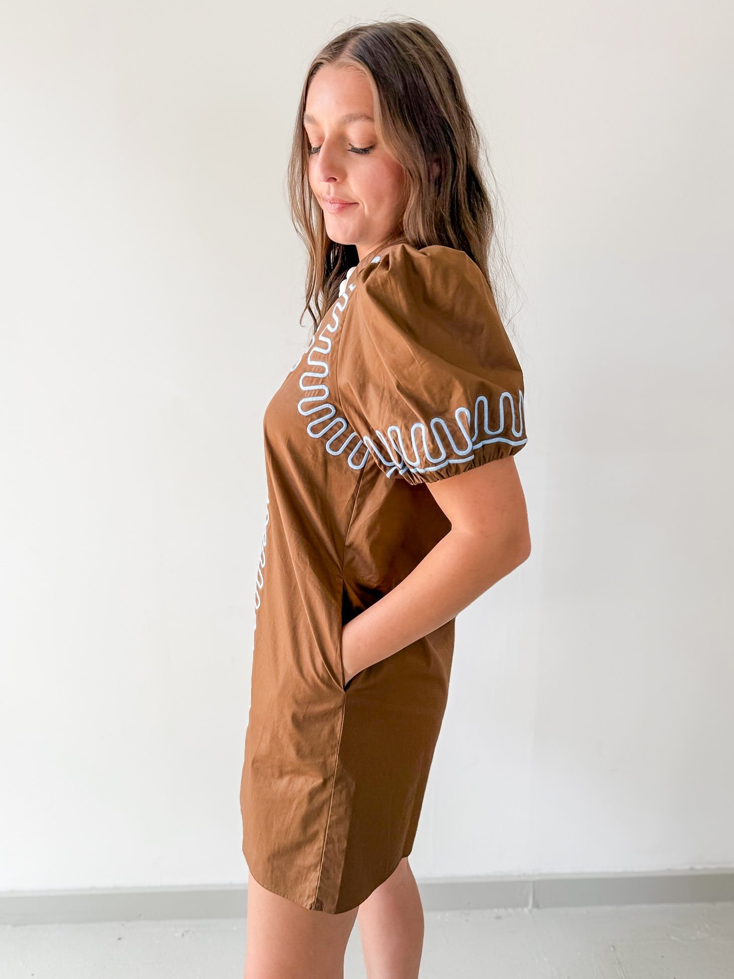 Puff Sleeves Embroidered Shift Dress- Brown