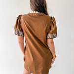 Puff Sleeves Embroidered Shift Dress- Brown