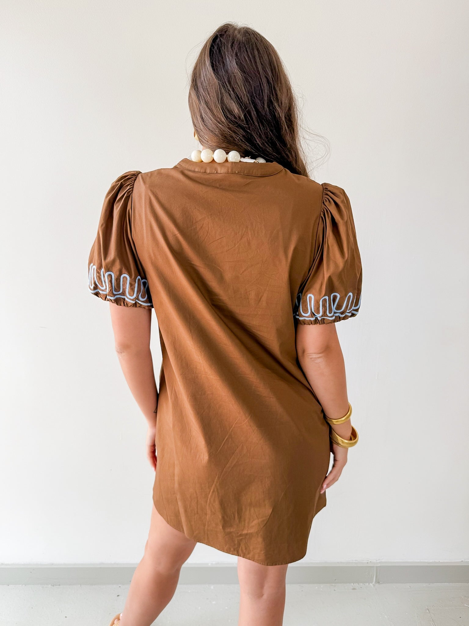 Puff Sleeves Embroidered Shift Dress- Brown