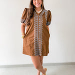 Puff Sleeves Embroidered Shift Dress- Brown