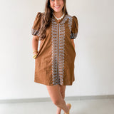 Puff Sleeves Embroidered Shift Dress- Brown