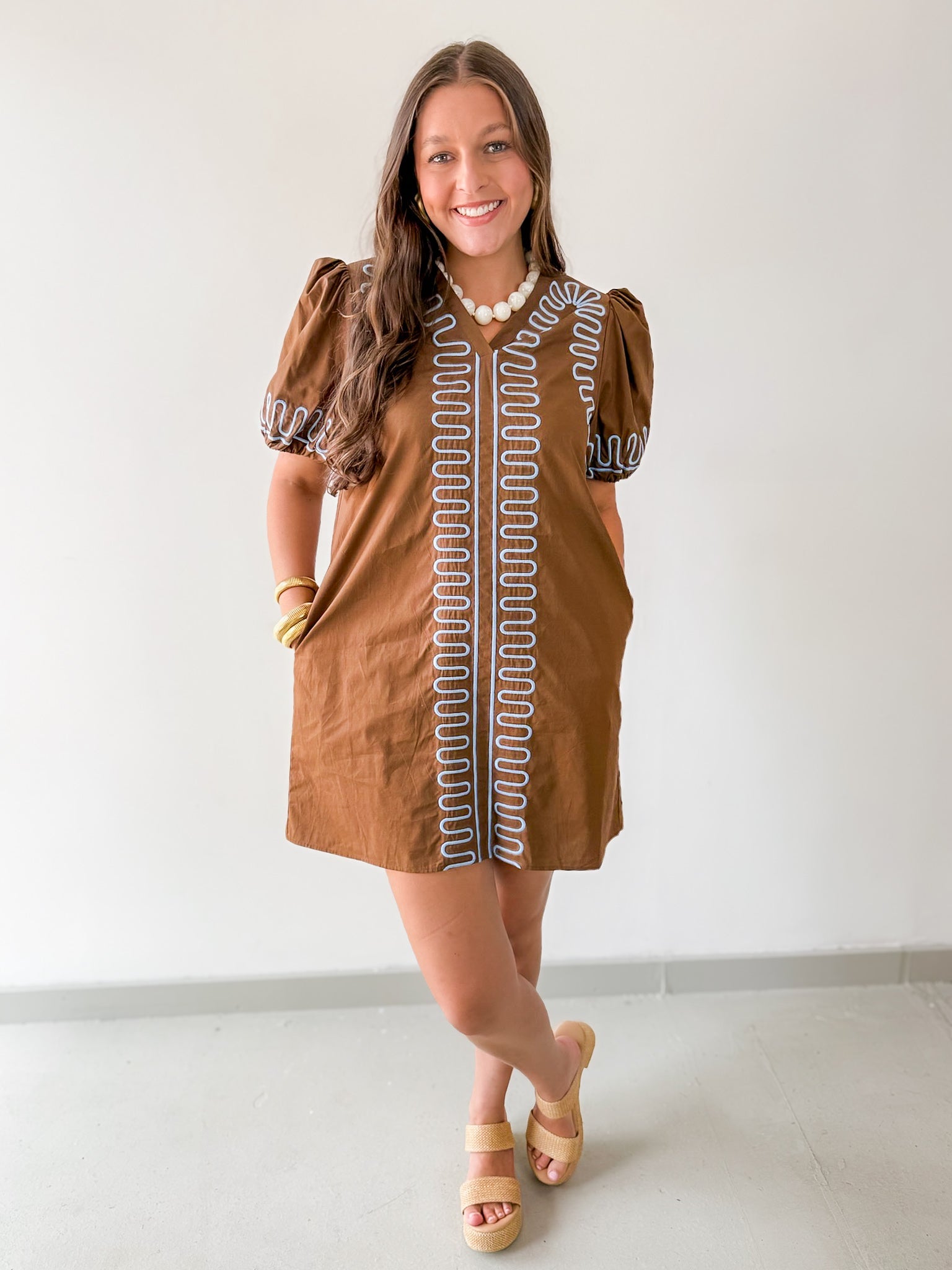 Puff Sleeves Embroidered Shift Dress- Brown LG