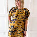Puff Sleeves Jacquard Print Dress - Gold Mix