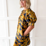 Puff Sleeves Jacquard Print Dress - Gold Mix