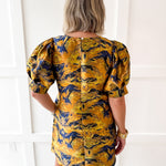 Puff Sleeves Jacquard Print Dress - Gold Mix