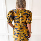 Puff Sleeves Jacquard Print Dress - Gold Mix