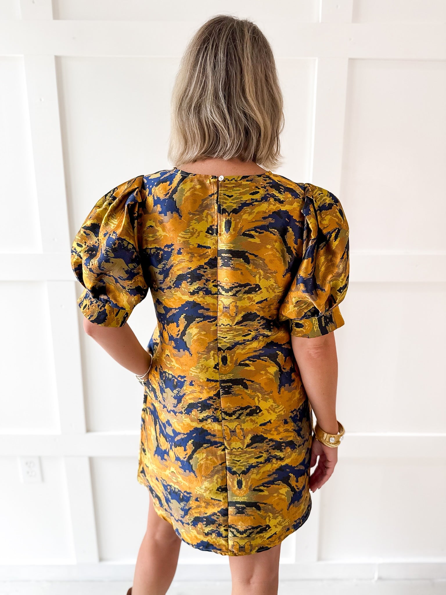 Puff Sleeves Jacquard Print Dress - Gold Mix