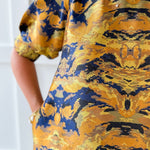 Puff Sleeves Jacquard Print Dress - Gold Mix