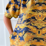 Puff Sleeves Jacquard Print Dress - Gold Mix