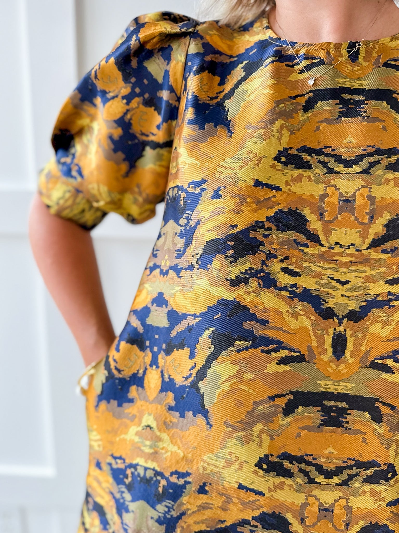 Puff Sleeves Jacquard Print Dress - Gold Mix