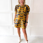 Puff Sleeves Jacquard Print Dress - Gold Mix