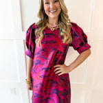Puff Sleeves Jacquard Print Dress -Magenta Mix