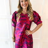 Puff Sleeves Jacquard Print Dress -Magenta Mix