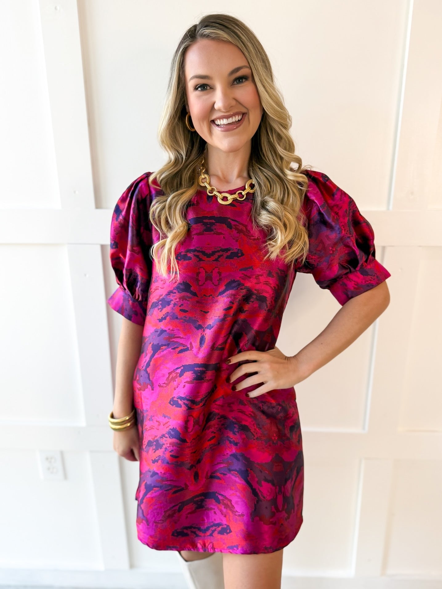 Puff Sleeves Jacquard Print Dress -Magenta Mix