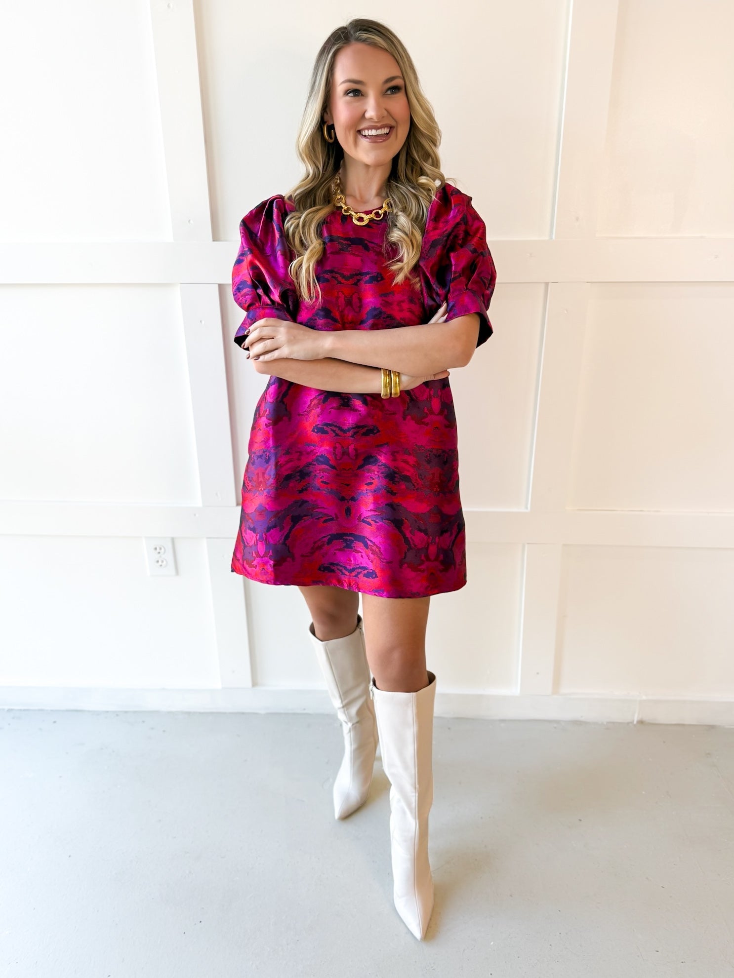 Puff Sleeves Jacquard Print Dress -Magenta Mix